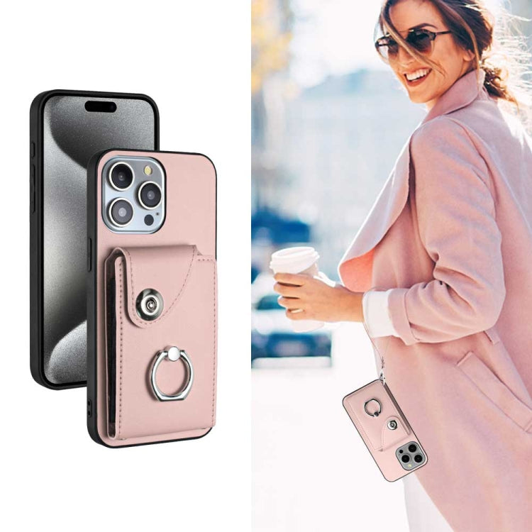 For iPhone 15 Pro Organ Card Bag Ring Holder PU Phone Case with Lanyard(Pink) - HoMEdemic™ 