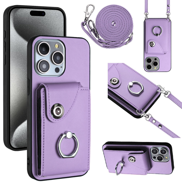 For iPhone 15 Pro Organ Card Bag Ring Holder Phone Case with Long Lanyard(Purple) - HoMEdemic™ 