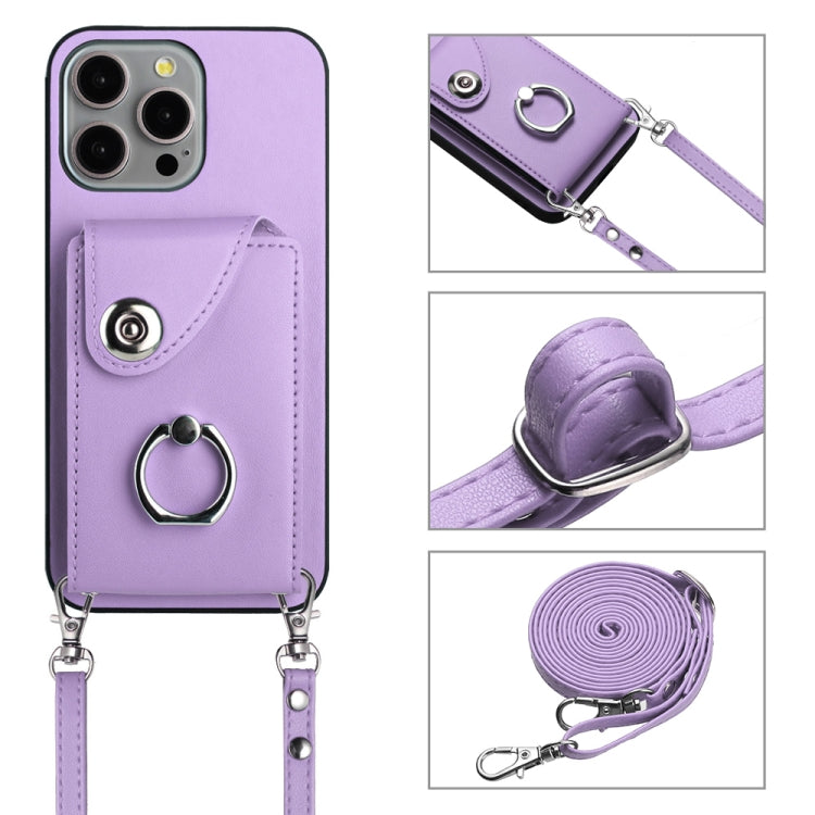 For iPhone 15 Pro Organ Card Bag Ring Holder Phone Case with Long Lanyard(Purple) - HoMEdemic™ 