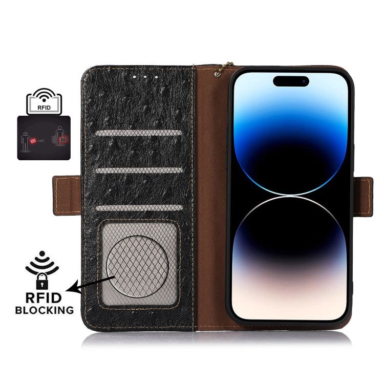 For iPhone 15 Pro Ostrich Pattern Genuine Leather RFID Phone Case(Black) - HoMEdemic™ 