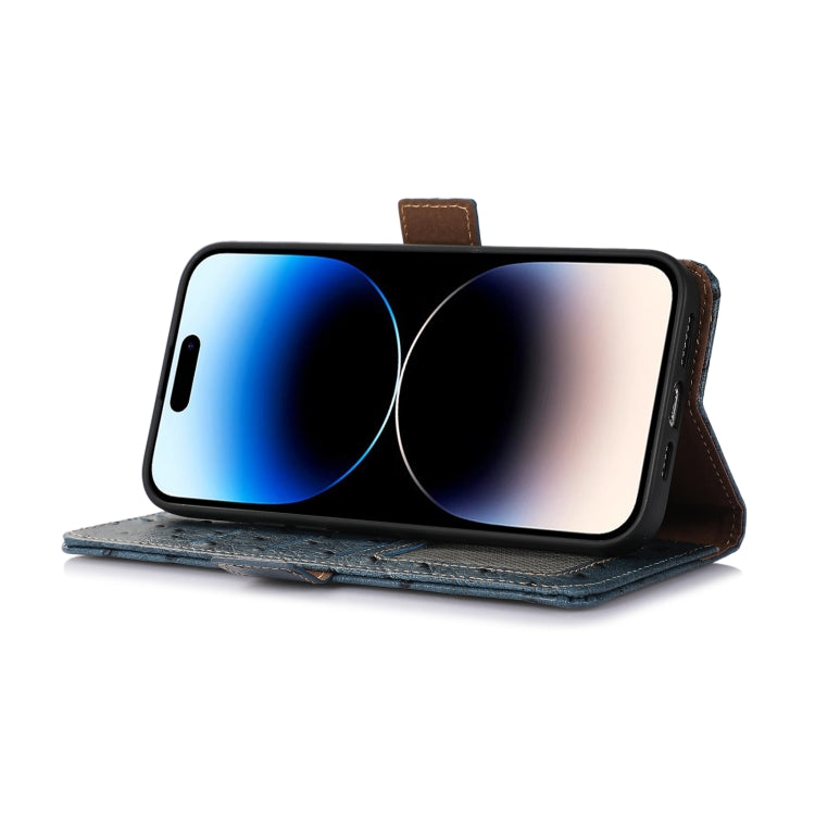 For iPhone 15 Pro Ostrich Pattern Genuine Leather RFID Phone Case(Blue) - HoMEdemic™ 