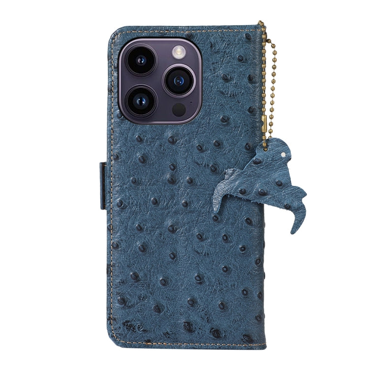 For iPhone 15 Pro Ostrich Pattern Genuine Leather RFID Phone Case(Blue) - HoMEdemic™ 