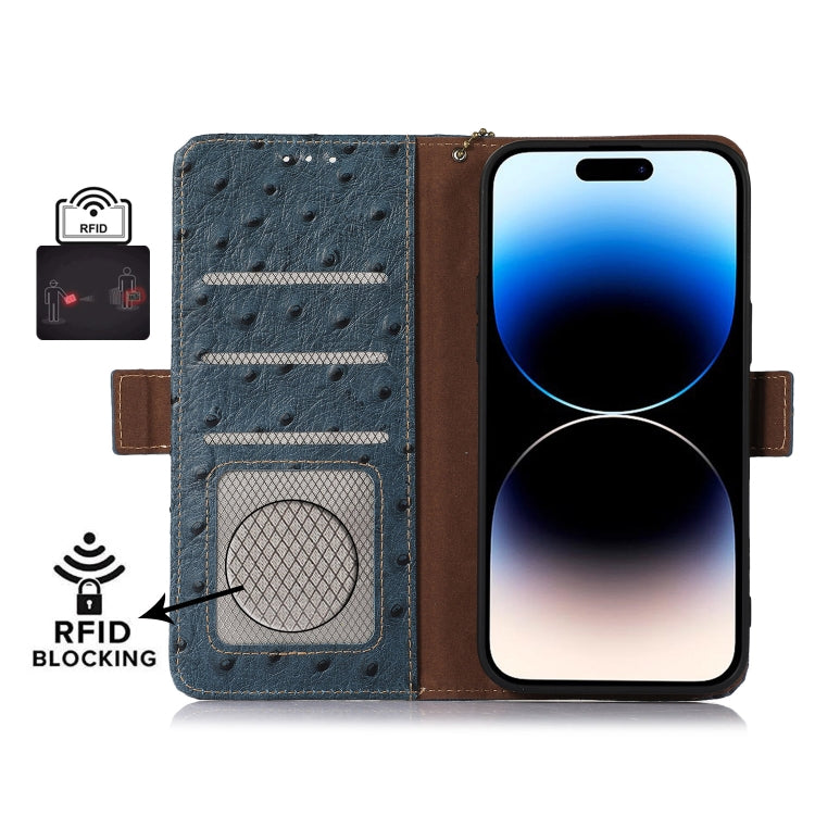 For iPhone 15 Pro Ostrich Pattern Genuine Leather RFID Phone Case(Blue) - HoMEdemic™ 