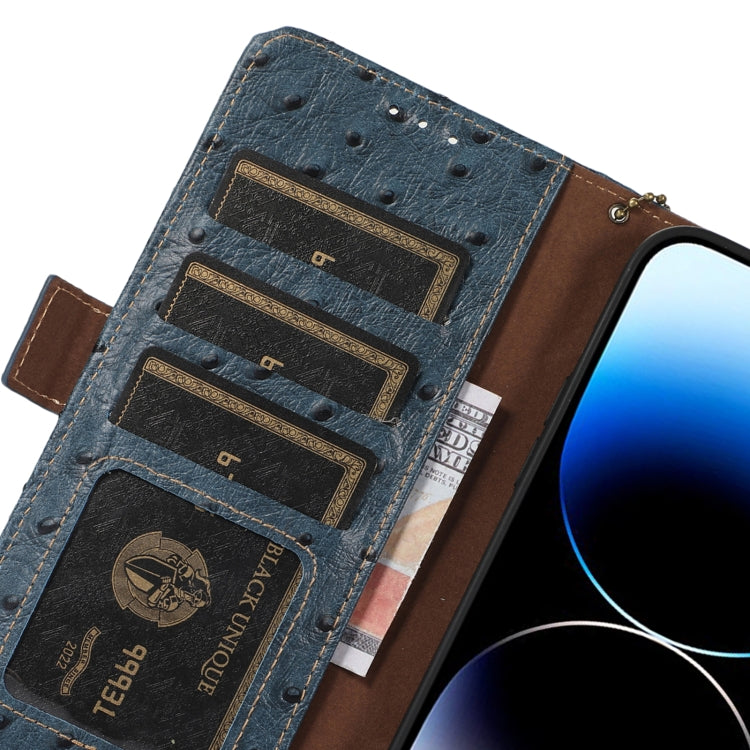 For iPhone 15 Pro Ostrich Pattern Genuine Leather RFID Phone Case(Blue) - HoMEdemic™ 