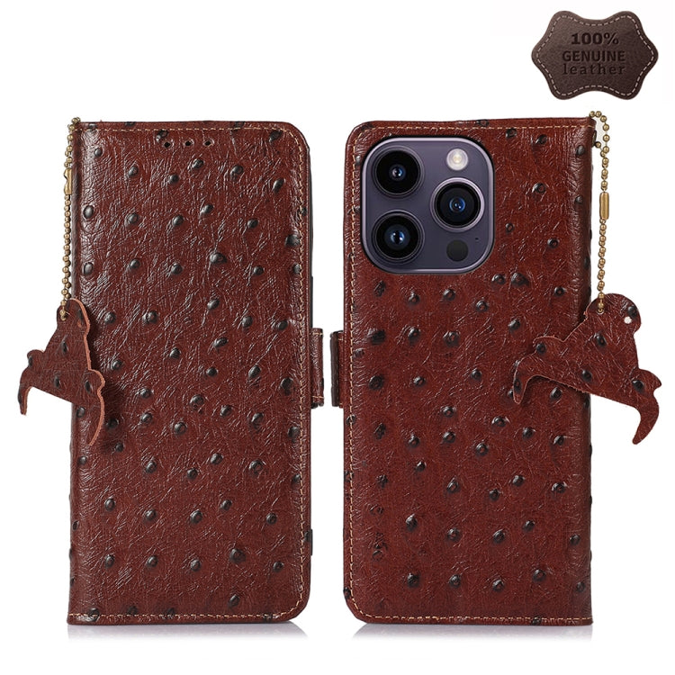 For iPhone 15 Pro Ostrich Pattern Genuine Leather RFID Phone Case(Coffee) - HoMEdemic™ 