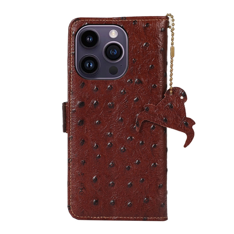 For iPhone 15 Pro Ostrich Pattern Genuine Leather RFID Phone Case(Coffee) - HoMEdemic™ 