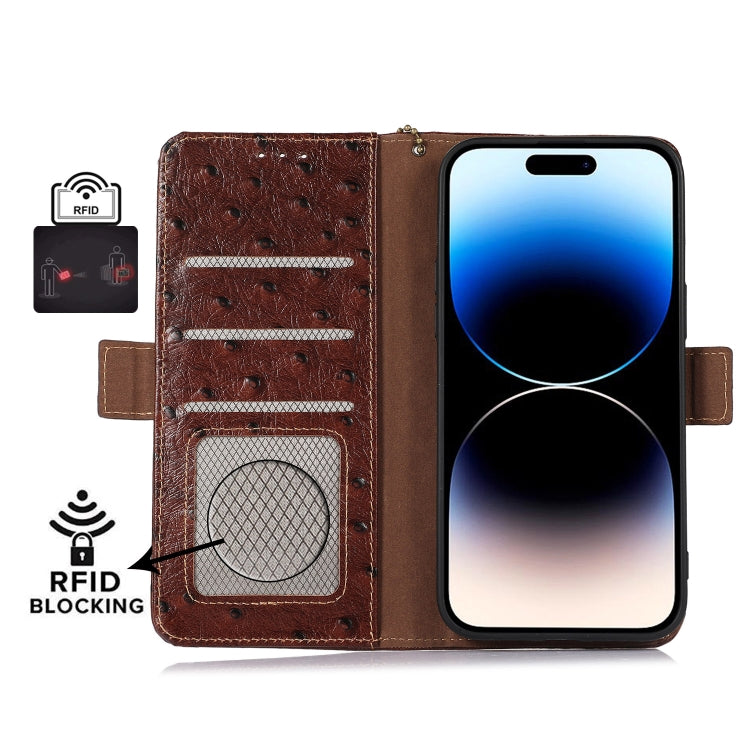 For iPhone 15 Pro Ostrich Pattern Genuine Leather RFID Phone Case(Coffee) - HoMEdemic™ 