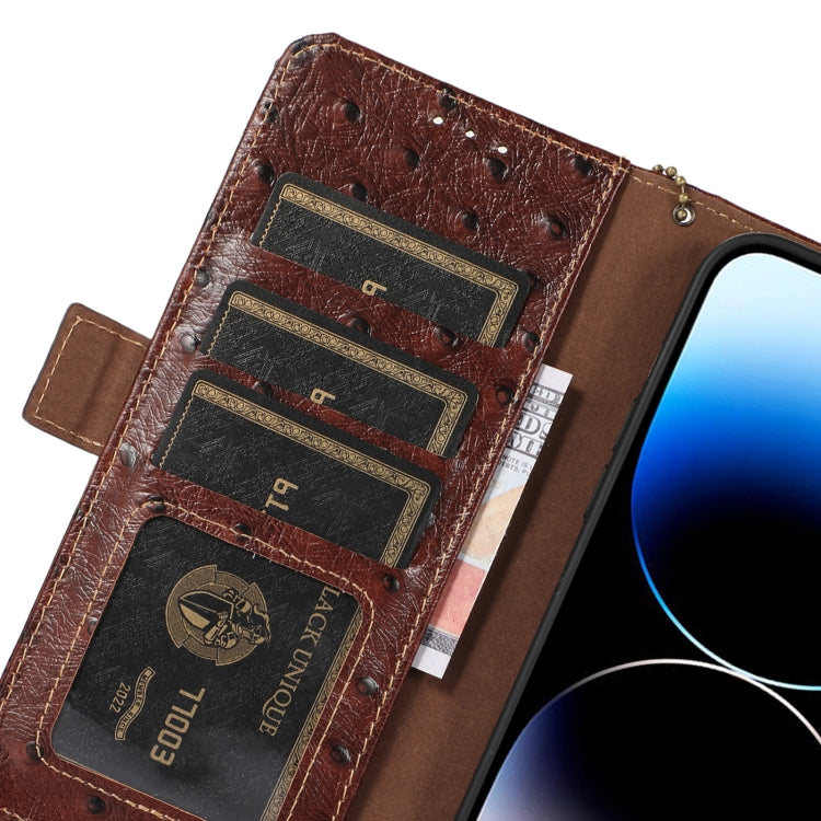 For iPhone 15 Pro Ostrich Pattern Genuine Leather RFID Phone Case(Coffee) - HoMEdemic™ 