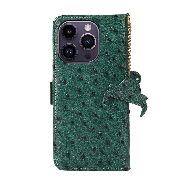 For iPhone 15 Pro Ostrich Pattern Genuine Leather RFID Phone Case(Green) - HoMEdemic™ 