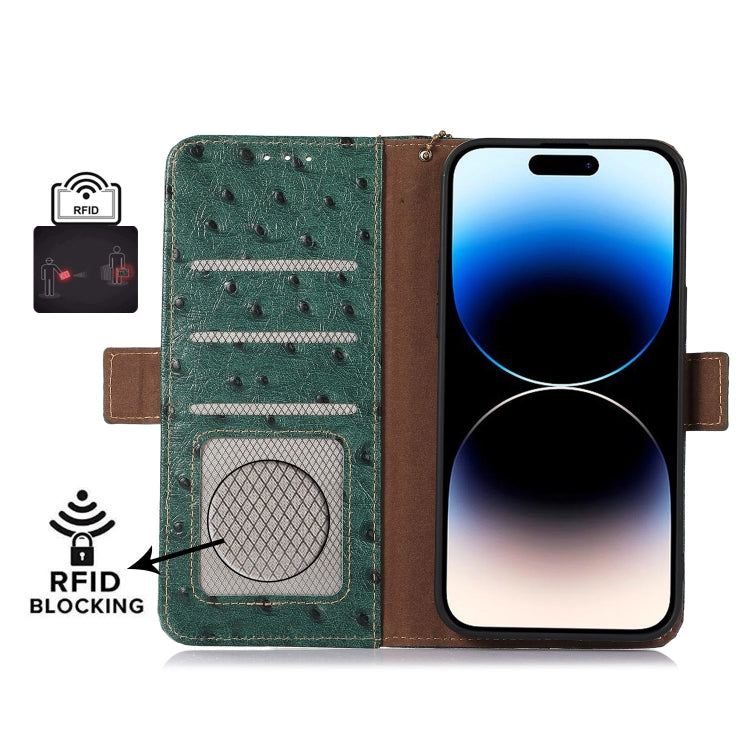 For iPhone 15 Pro Ostrich Pattern Genuine Leather RFID Phone Case(Green) - HoMEdemic™ 