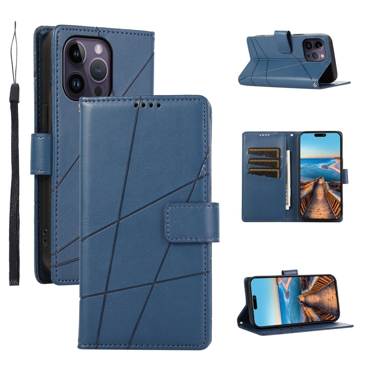 For iPhone 15 Pro PU Genuine Leather Texture Embossed Line Phone Case(Blue) - HoMEdemic™ 