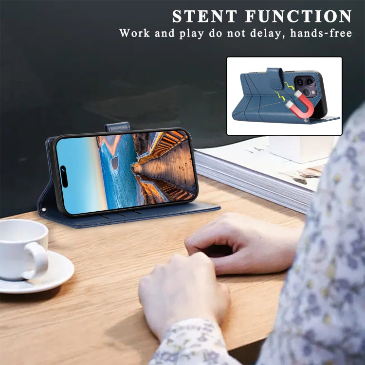 For iPhone 15 Pro PU Genuine Leather Texture Embossed Line Phone Case(Blue) - HoMEdemic™ 