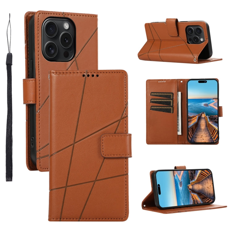For iPhone 15 Pro PU Genuine Leather Texture Embossed Line Phone Case(Brown) - HoMEdemic™ 