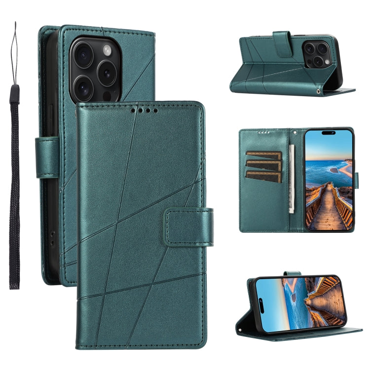 For iPhone 15 Pro PU Genuine Leather Texture Embossed Line Phone Case(Green) - HoMEdemic™ 