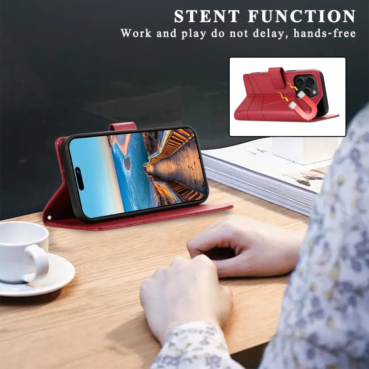 For iPhone 15 Pro PU Genuine Leather Texture Embossed Line Phone Case(Red) - HoMEdemic™ 
