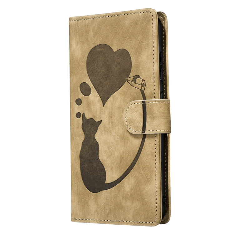 For iPhone 15 Pro Pen Heart Cat Embossed Leather Phone Case(Apricot) - HoMEdemic™ 