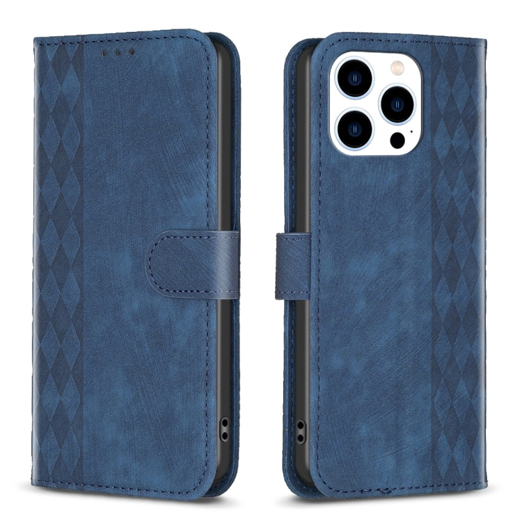 For iPhone 15 Pro Plaid Embossed Leather Phone Case(Blue) - HoMEdemic™ 