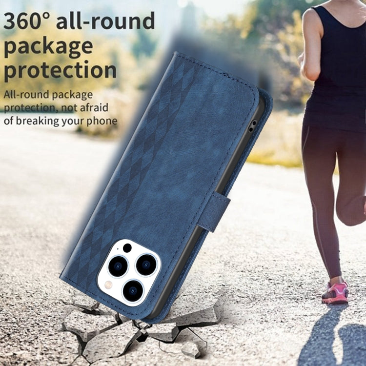 For iPhone 15 Pro Plaid Embossed Leather Phone Case(Blue) - HoMEdemic™ 