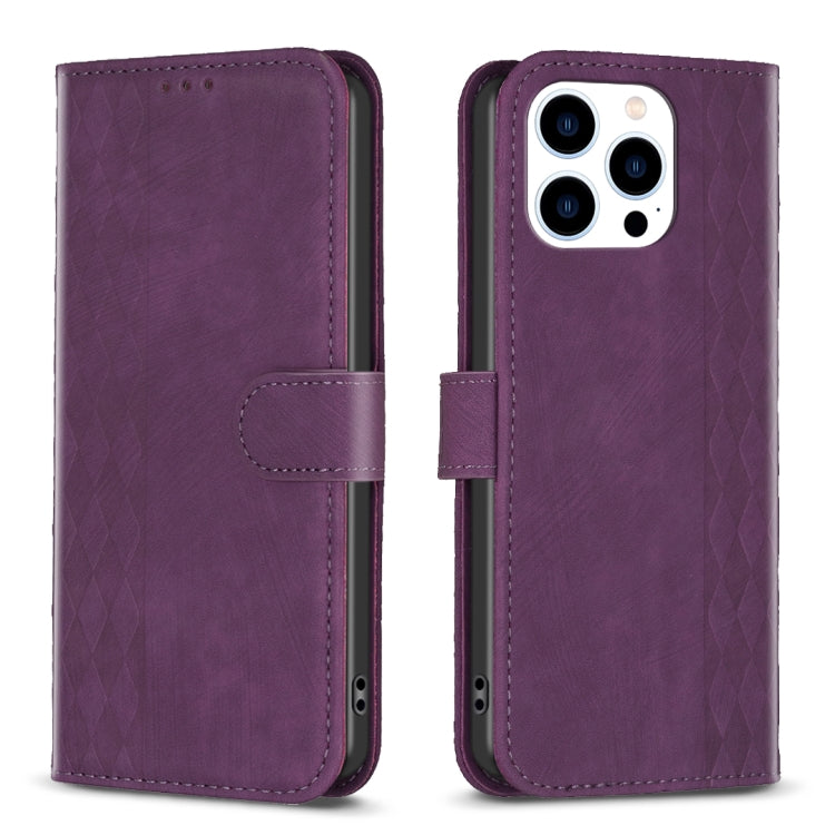 For iPhone 15 Pro Plaid Embossed Leather Phone Case(Purple) - HoMEdemic™ 