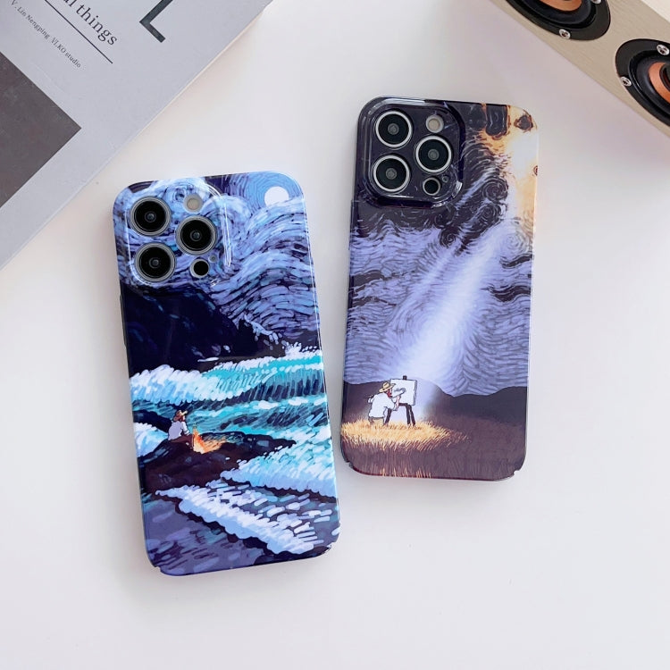 For iPhone 15 Pro Precise Hole Oil Painting Pattern PC Phone Case(Sunset) - HoMEdemic™ 