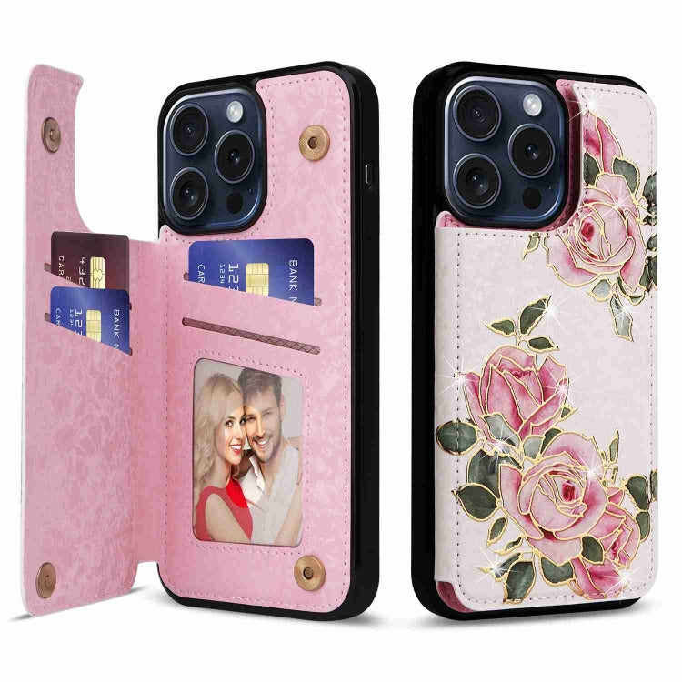 For iPhone 15 Pro Printed Double Buckle RFID Anti-theft Phone Case(Rose) - HoMEdemic™ 