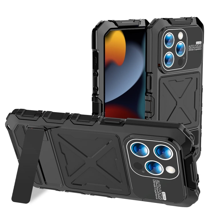 For iPhone 15 Pro R-JUST Metal + Silicone + Tempered Glass Life Waterproof Phone Case with Holder(Black) - HoMEdemic™ 