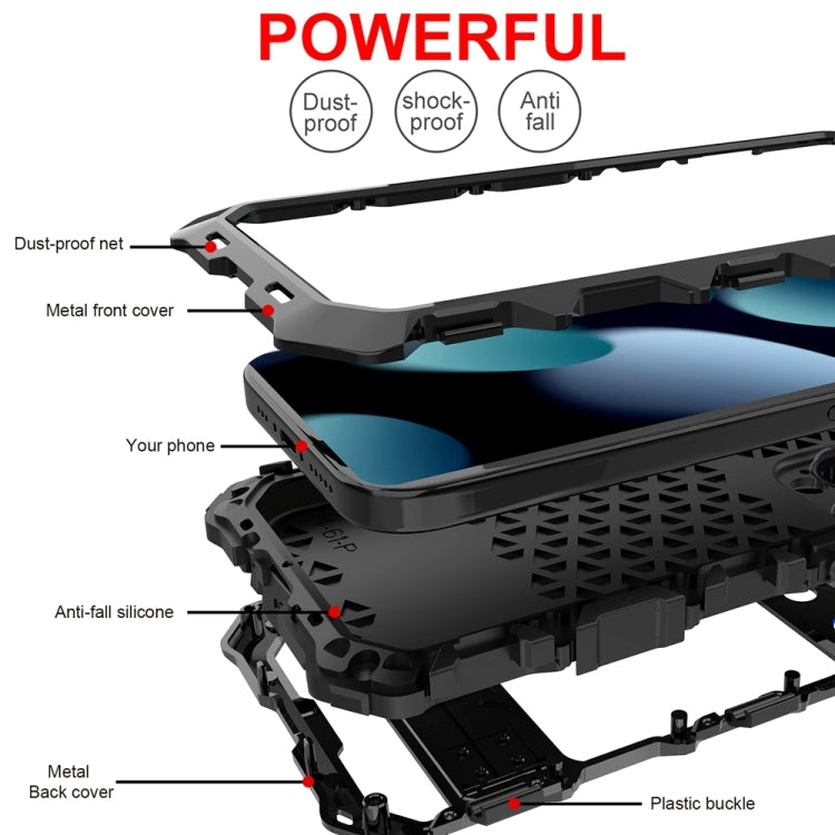For iPhone 15 Pro R-JUST Metal + Silicone + Tempered Glass Life Waterproof Phone Case with Holder(Black) - HoMEdemic™ 