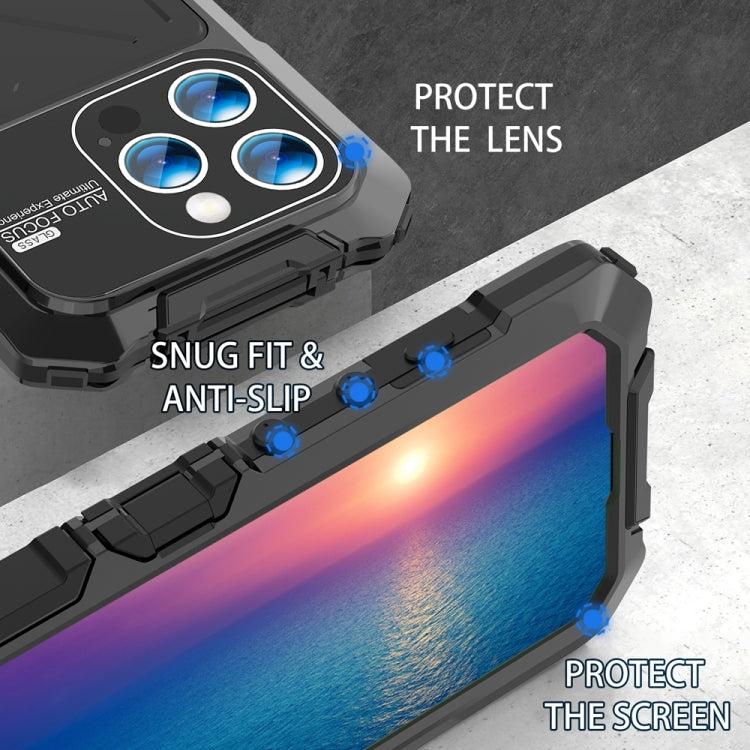 For iPhone 15 Pro R-JUST Metal + Silicone + Tempered Glass Life Waterproof Phone Case with Holder(Black) - HoMEdemic™ 