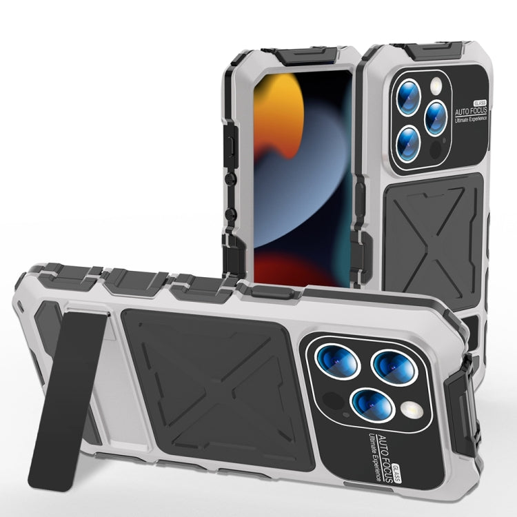 For iPhone 15 Pro R-JUST Metal + Silicone + Tempered Glass Life Waterproof Phone Case with Holder(Silver) - HoMEdemic™ 