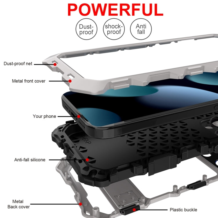 For iPhone 15 Pro R-JUST Metal + Silicone + Tempered Glass Life Waterproof Phone Case with Holder(Silver) - HoMEdemic™ 