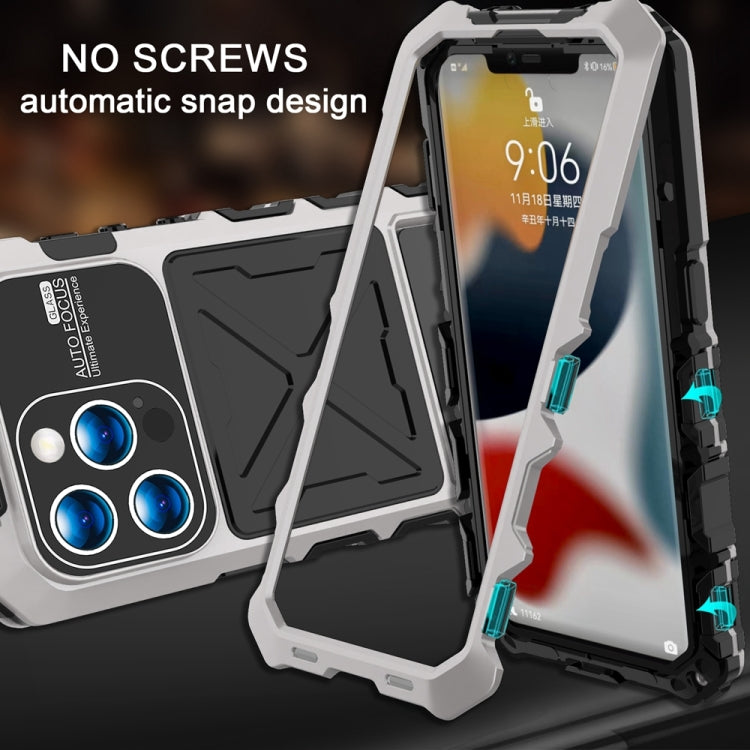 For iPhone 15 Pro R-JUST Metal + Silicone + Tempered Glass Life Waterproof Phone Case with Holder(Silver) - HoMEdemic™ 