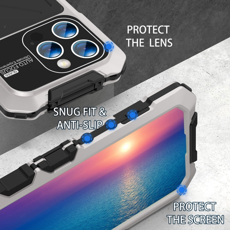 For iPhone 15 Pro R-JUST Metal + Silicone + Tempered Glass Life Waterproof Phone Case with Holder(Silver) - HoMEdemic™ 