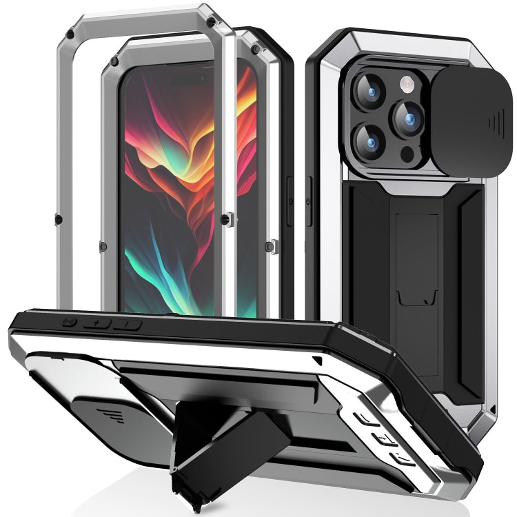 For iPhone 15 Pro R-JUST Sliding Camera IP54 Life Waterproof Holder Phone Case(Silver) - HoMEdemic™ 