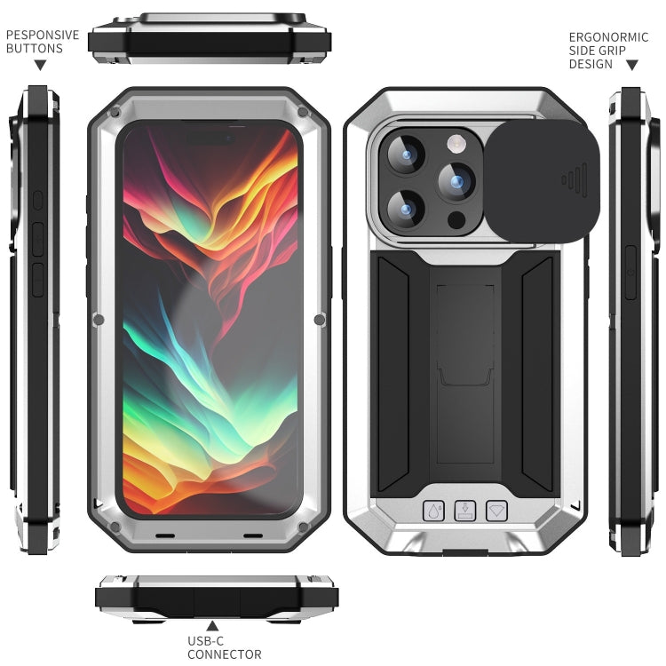 For iPhone 15 Pro R-JUST Sliding Camera IP54 Life Waterproof Holder Phone Case(Silver) - HoMEdemic™ 