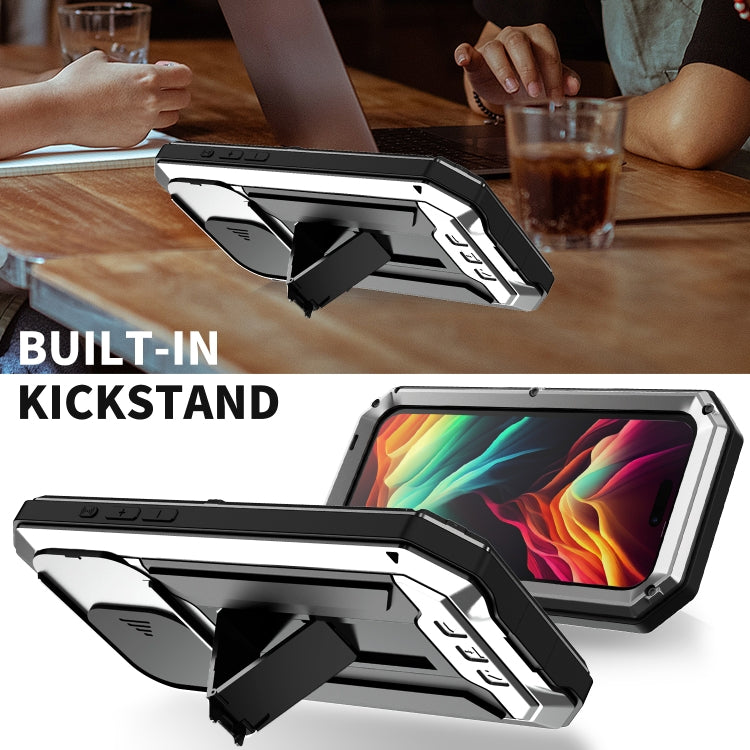 For iPhone 15 Pro R-JUST Sliding Camera IP54 Life Waterproof Holder Phone Case(Silver) - HoMEdemic™ 