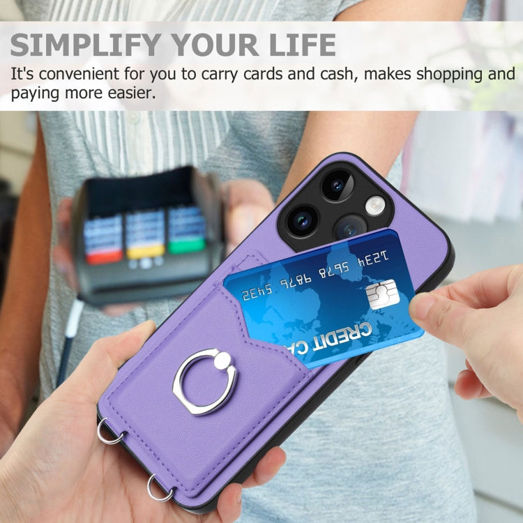 For iPhone 15 Pro R20 Ring Card Holder Phone Case(Purple) - HoMEdemic™ 