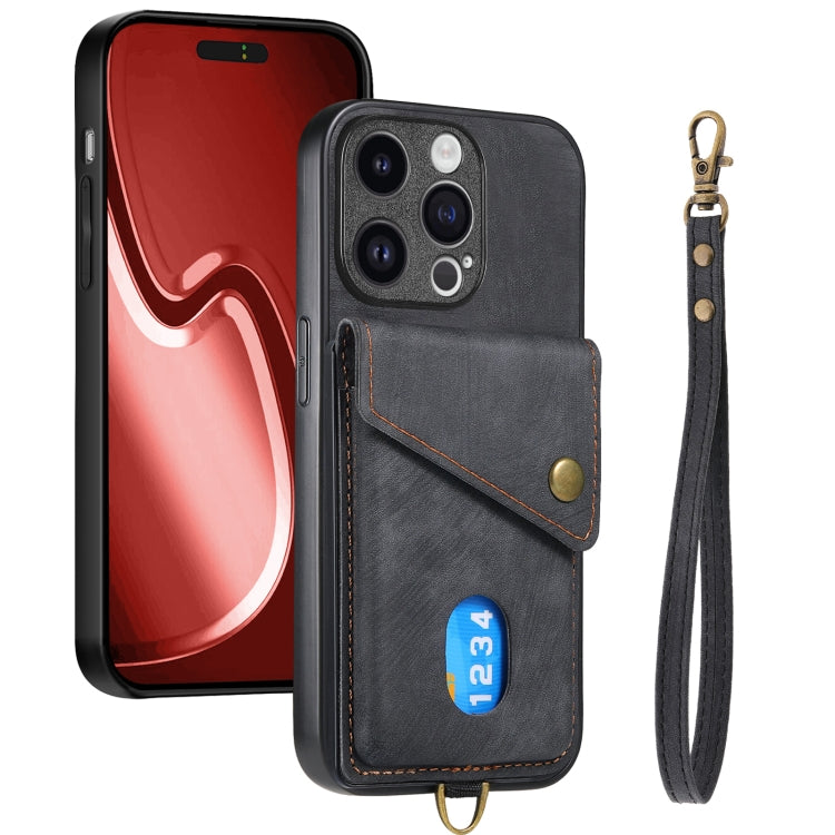 For iPhone 15 Pro Retro Card Wallet Fold Leather Phone Case with Strap(Black) - HoMEdemic™ 