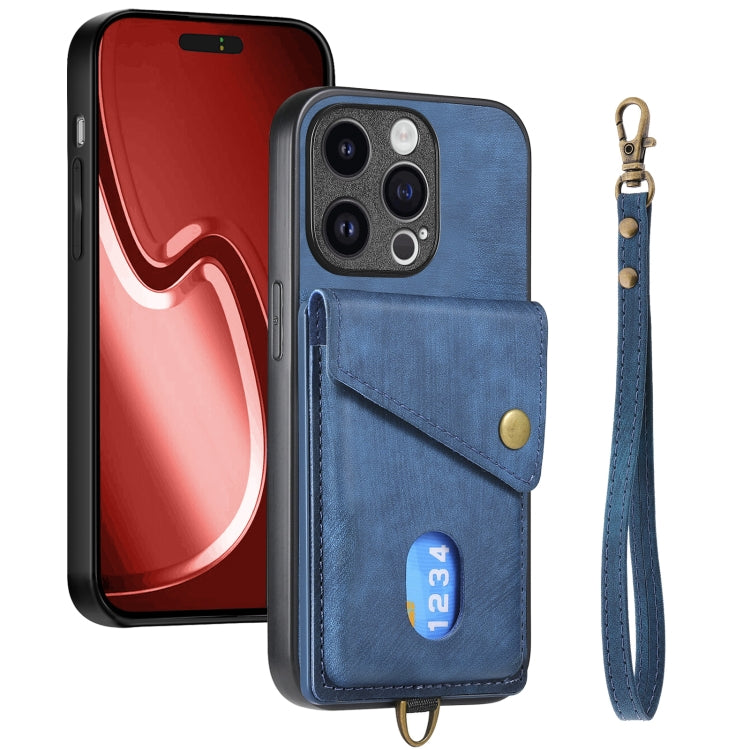 For iPhone 15 Pro Retro Card Wallet Fold Leather Phone Case with Strap(Blue) - HoMEdemic™ 