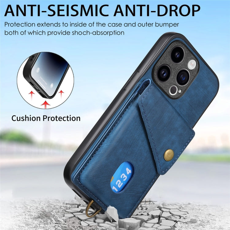 For iPhone 15 Pro Retro Card Wallet Fold Leather Phone Case with Strap(Blue) - HoMEdemic™ 