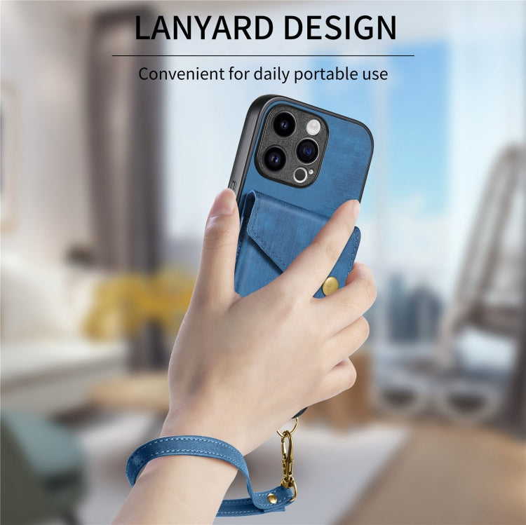 For iPhone 15 Pro Retro Card Wallet Fold Leather Phone Case with Strap(Blue) - HoMEdemic™ 