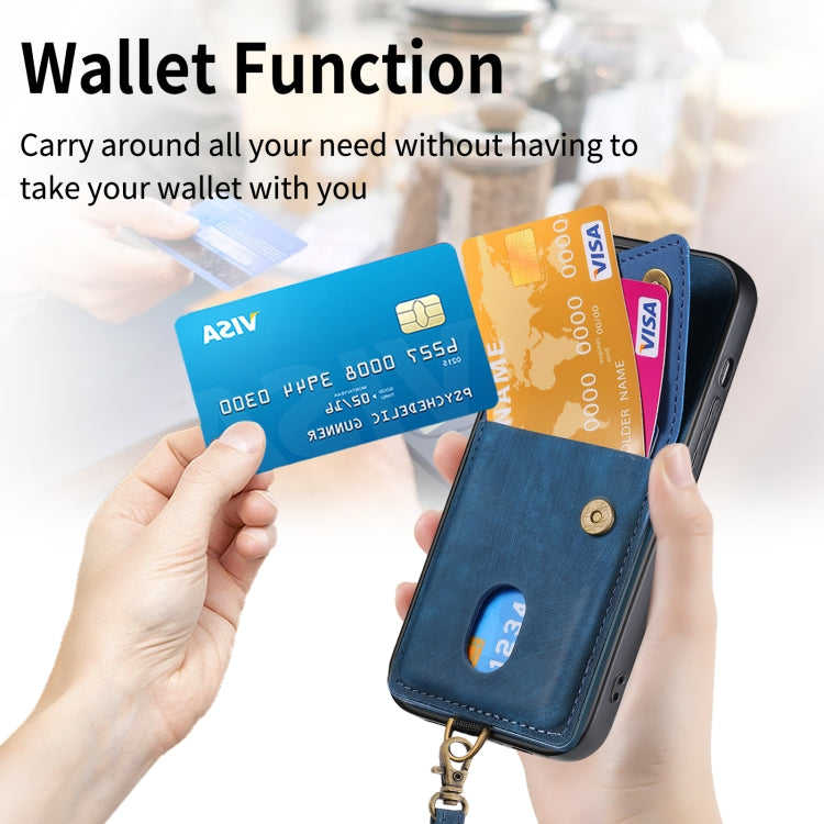 For iPhone 15 Pro Retro Card Wallet Fold Leather Phone Case with Strap(Blue) - HoMEdemic™ 