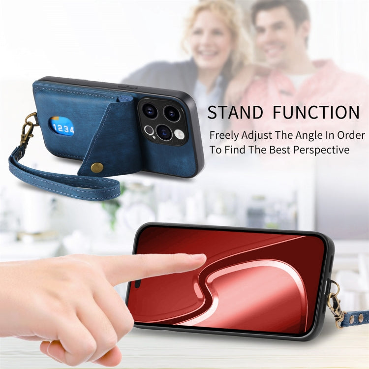 For iPhone 15 Pro Retro Card Wallet Fold Leather Phone Case with Strap(Blue) - HoMEdemic™ 