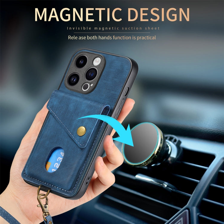 For iPhone 15 Pro Retro Card Wallet Fold Leather Phone Case with Strap(Blue) - HoMEdemic™ 