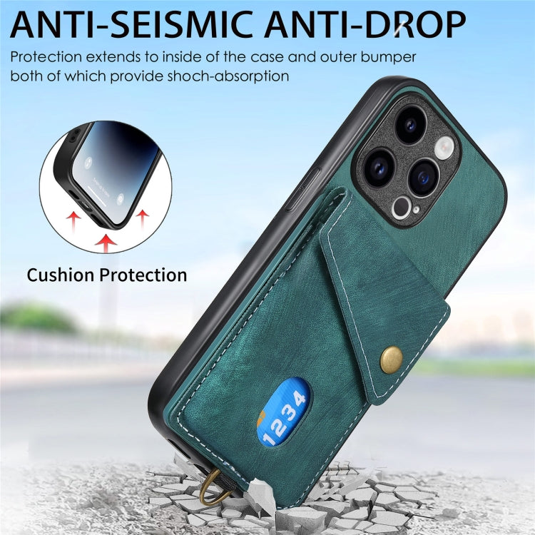 For iPhone 15 Pro Retro Card Wallet Fold Leather Phone Case with Strap(Green) - HoMEdemic™ 