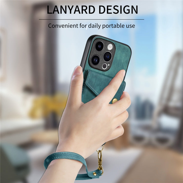 For iPhone 15 Pro Retro Card Wallet Fold Leather Phone Case with Strap(Green) - HoMEdemic™ 