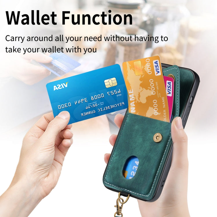 For iPhone 15 Pro Retro Card Wallet Fold Leather Phone Case with Strap(Green) - HoMEdemic™ 