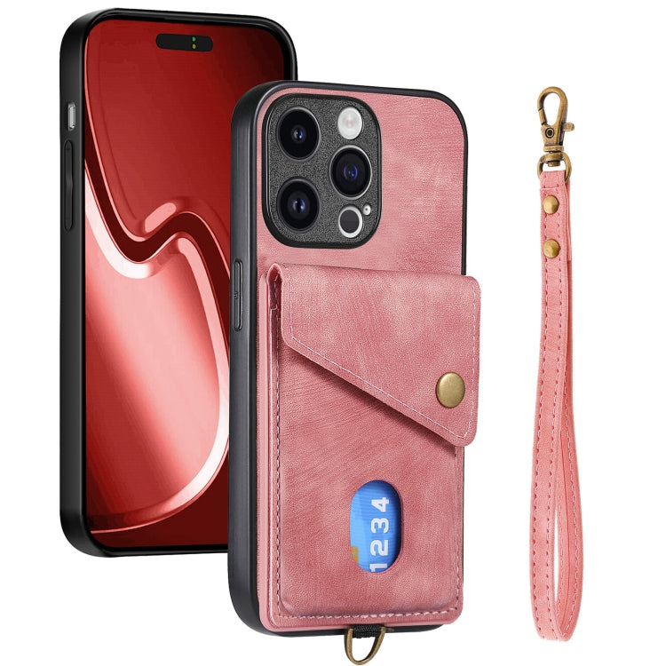 For iPhone 15 Pro Retro Card Wallet Fold Leather Phone Case with Strap(Pink) - HoMEdemic™ 