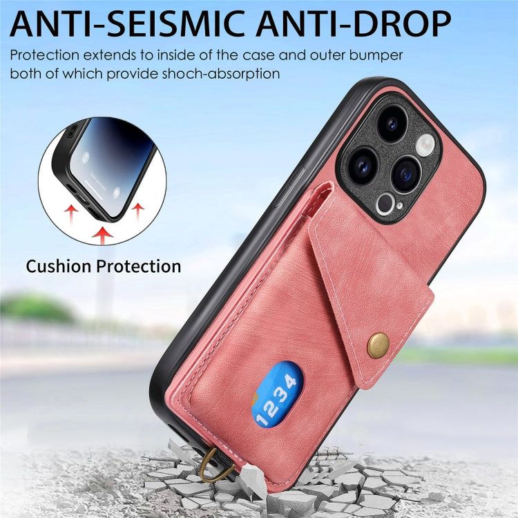For iPhone 15 Pro Retro Card Wallet Fold Leather Phone Case with Strap(Pink) - HoMEdemic™ 