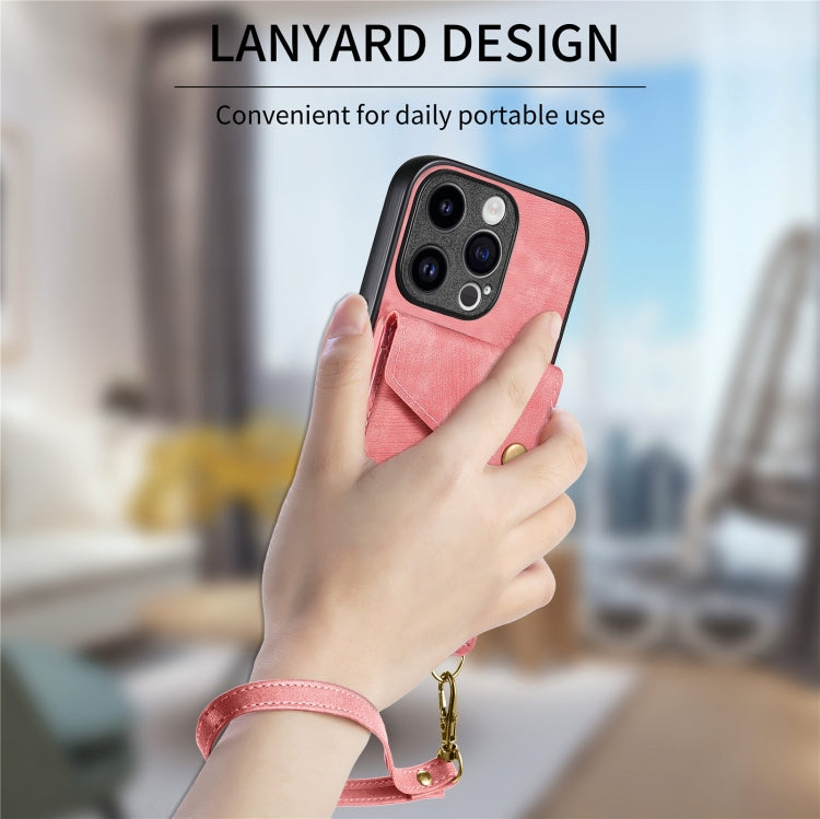 For iPhone 15 Pro Retro Card Wallet Fold Leather Phone Case with Strap(Pink) - HoMEdemic™ 