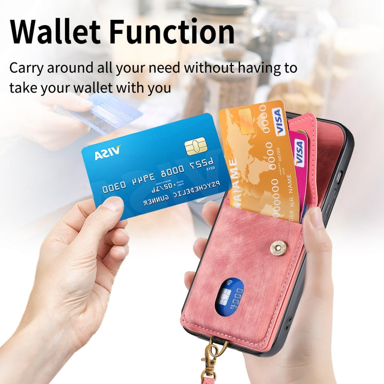 For iPhone 15 Pro Retro Card Wallet Fold Leather Phone Case with Strap(Pink) - HoMEdemic™ 